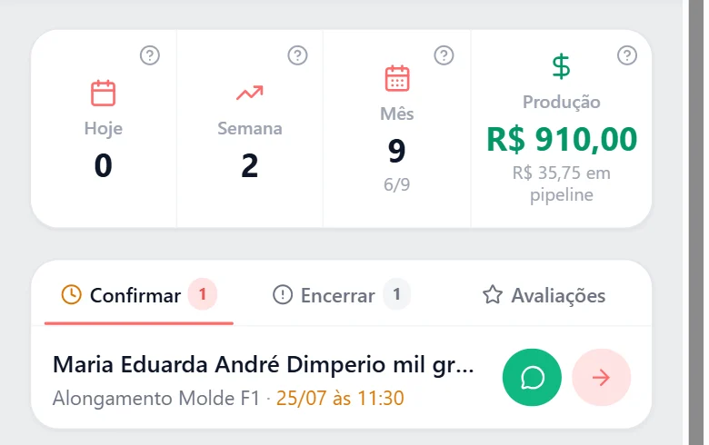 Painel real do Agenda Aqui: produção de R$ 910 no mês e fila de agendamentos pra confirmar